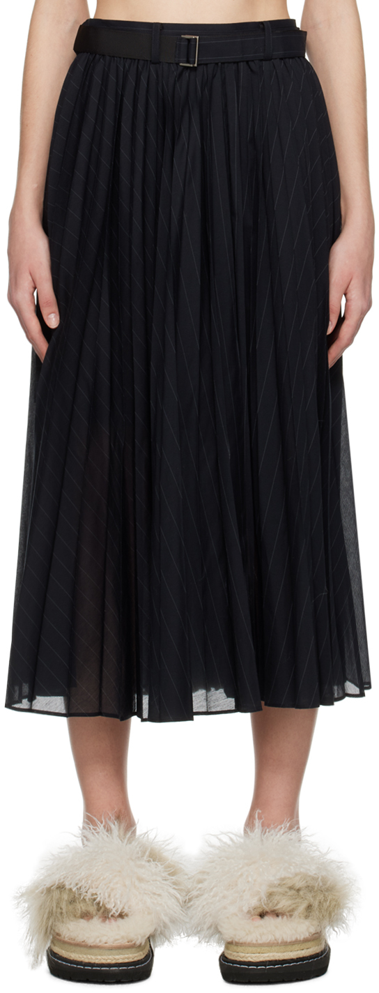 sacai: Navy Pleated Midi Skirt | SSENSE