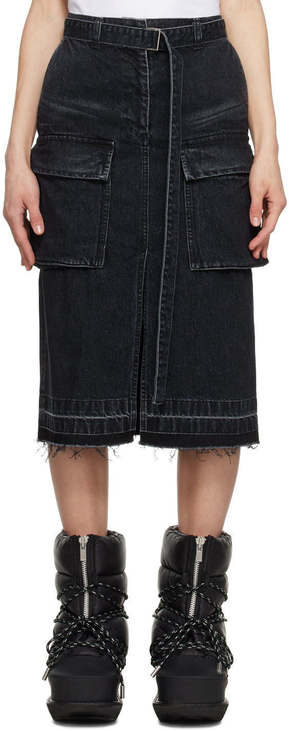 sacai: Black Cargo Denim Midi Skirt | SSENSE UK