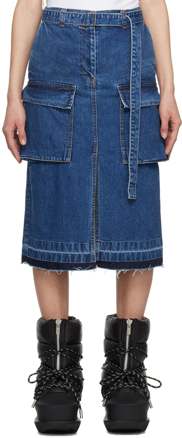 Blue Cargo Denim Midi Skirt