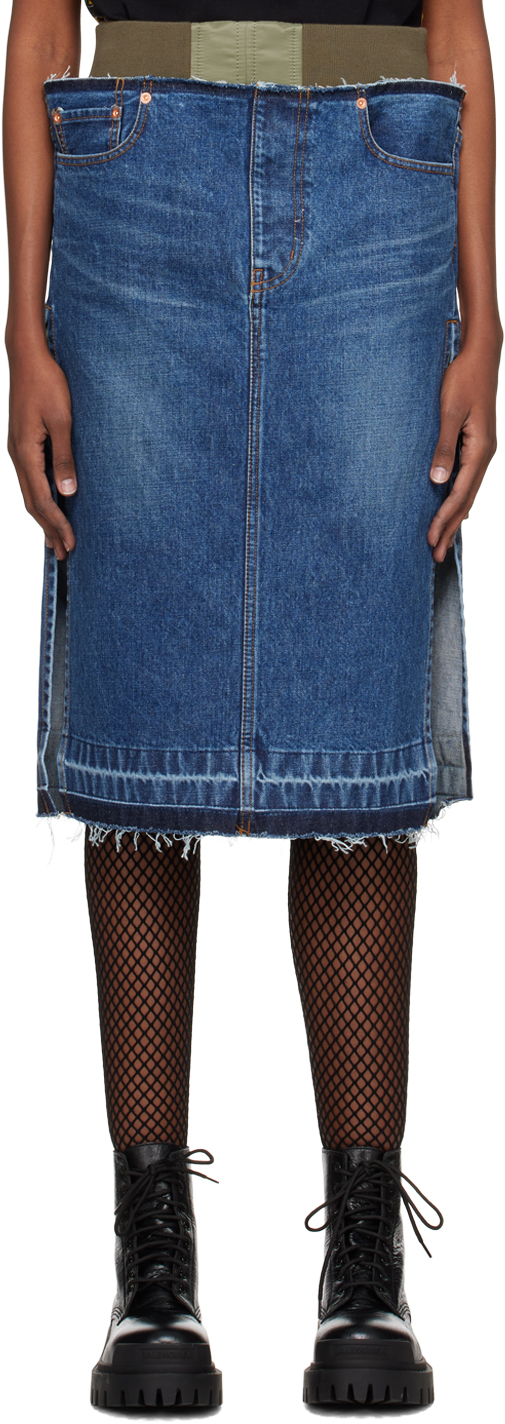 Blue Layered Denim Midi Skirt