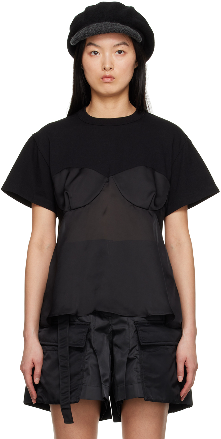 Sacai Semi-sheer Flared-hem Cotton T-shirt In Black