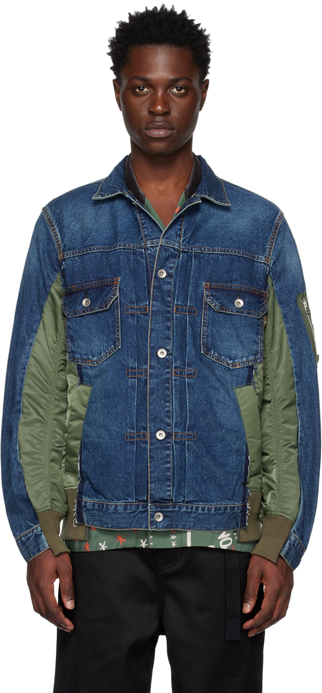 sacai: Blue & Khaki Paneled Jacket | SSENSE