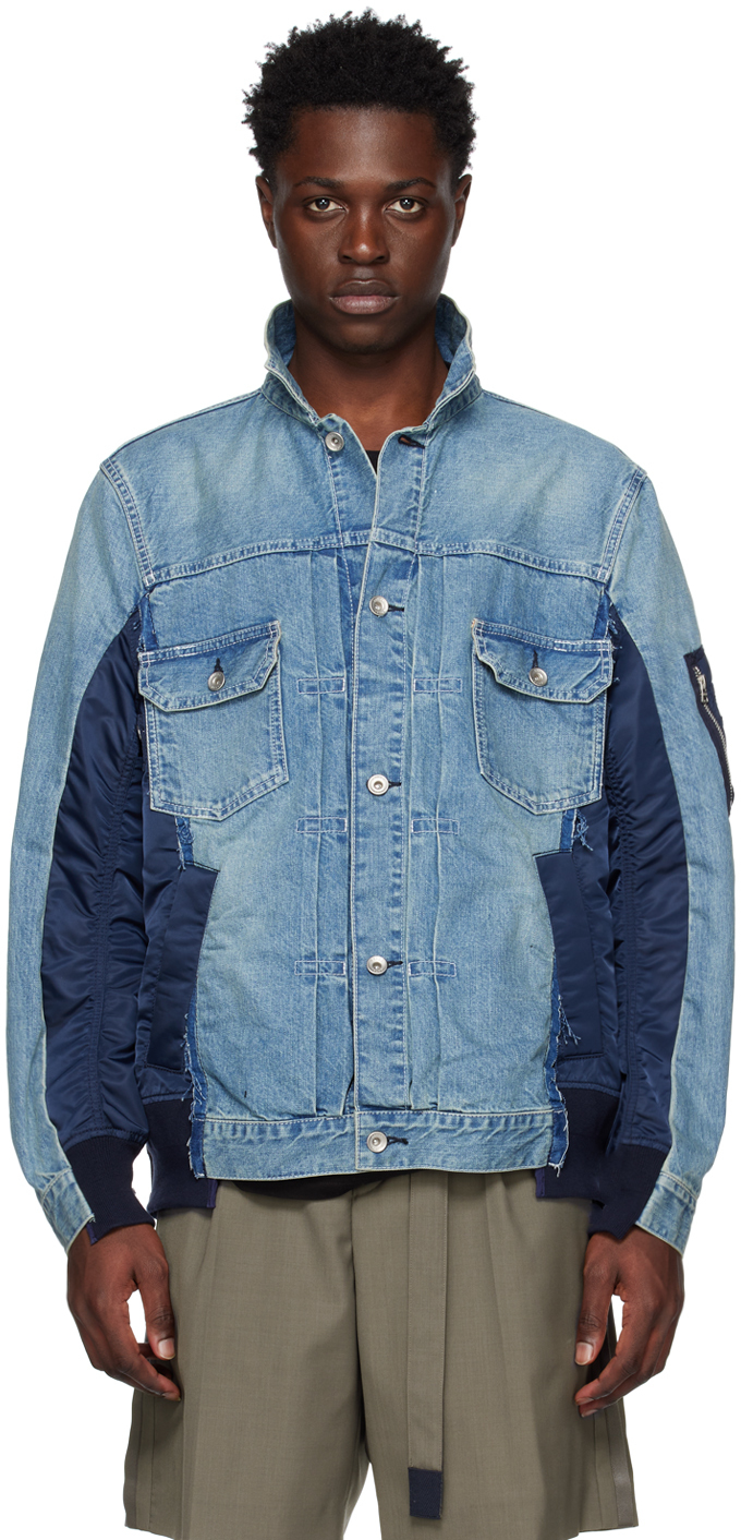 sacai: Blue Paneled Denim Jacket | SSENSE Canada