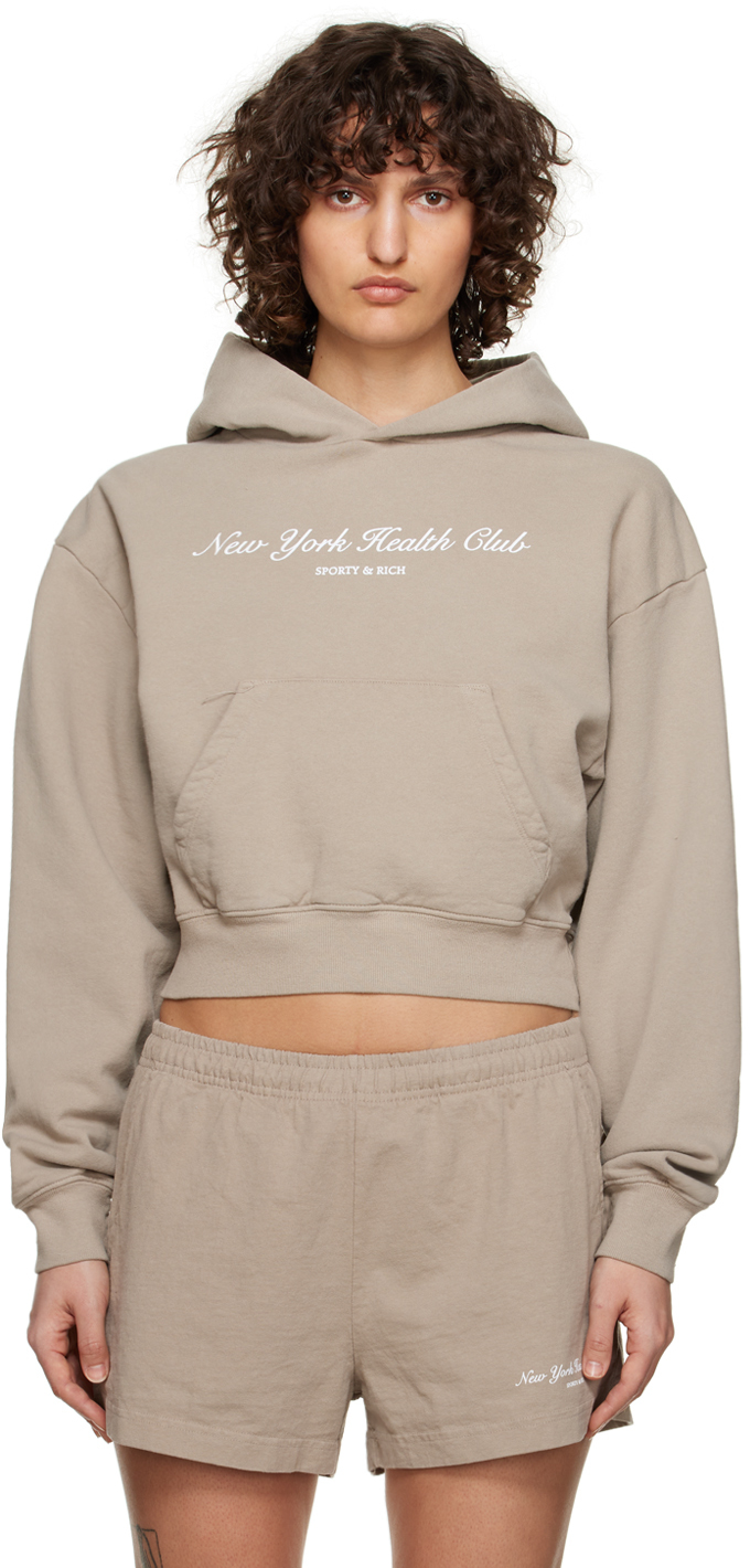Sporty And Rich Ny Health Club Cropped Hoodie In Khaki