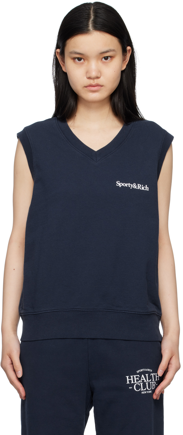 Shop Sporty And Rich Navy Serif Vest In Navy/white