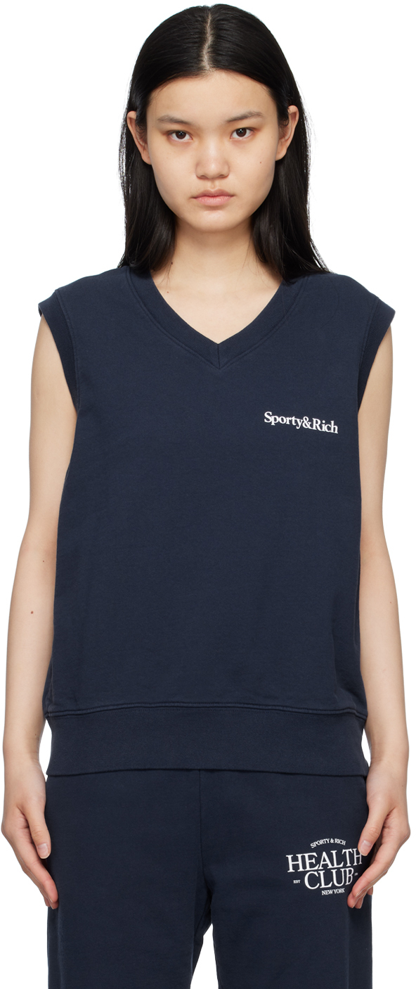 Navy Serif Vest by Sporty & Rich on Sale