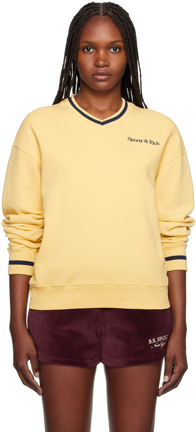 Sporty And Rich Yellow New Serif Sweatshirt In Almond/navy