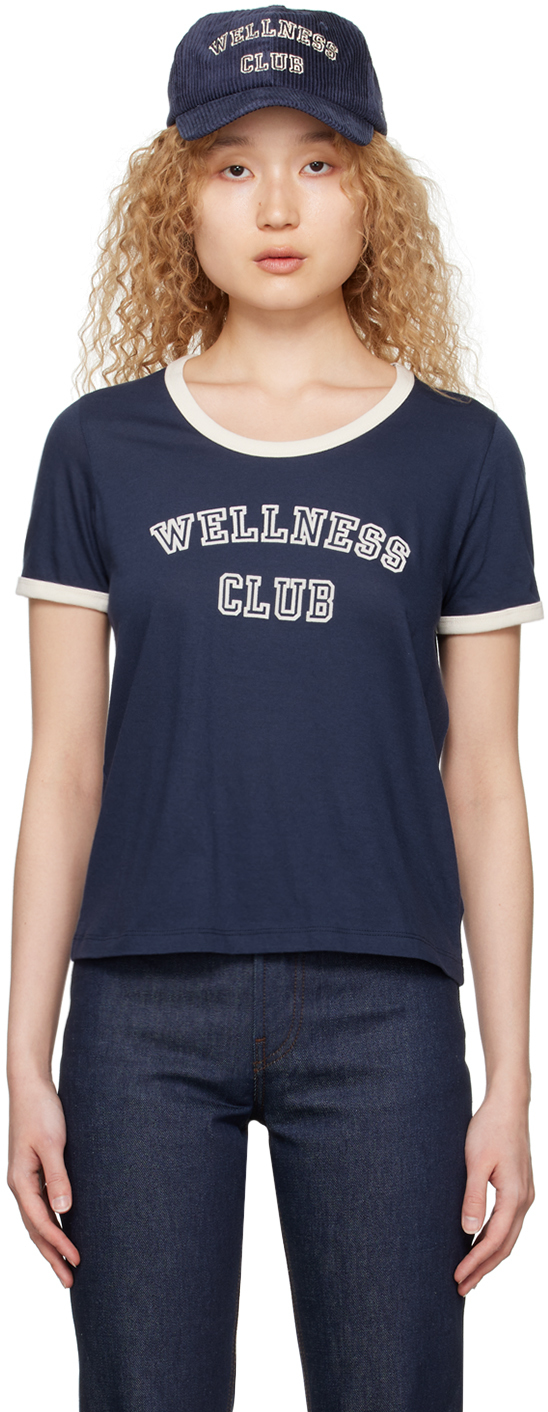 Sporty And Rich Slogan-print Cotton T-shirt In Navy Cream