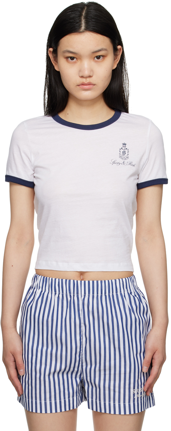 Sporty And Rich White Vendome Ringer T-shirt In White/navy