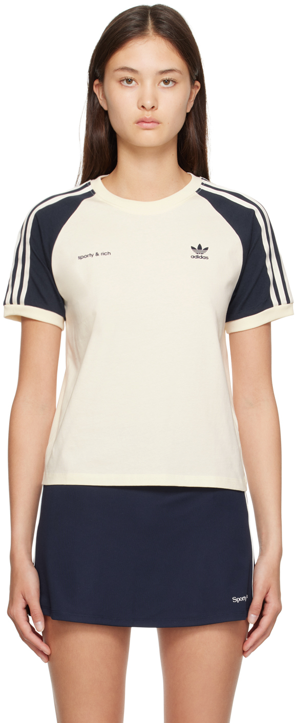 SPORTY AND RICH OFF-WHITE & NAVY ADIDAS ORIGINALS EDITION T-SHIRT