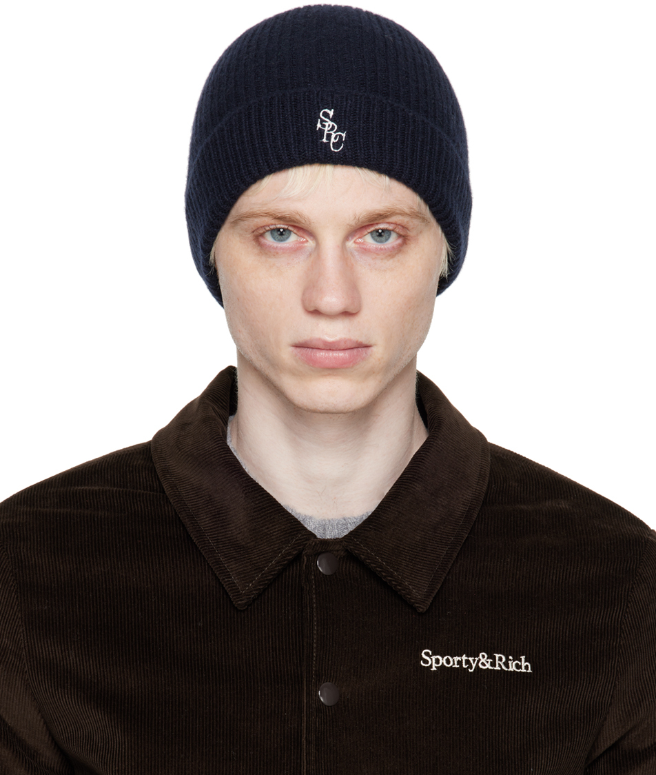 Sporty And Rich Cashmere Ribbed Knit Hat In Navy