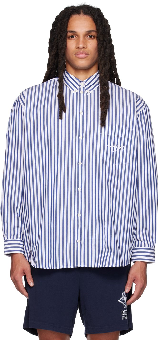 Sporty And Rich White & Blue 's.r. Sport' Shirt In Marine Striped