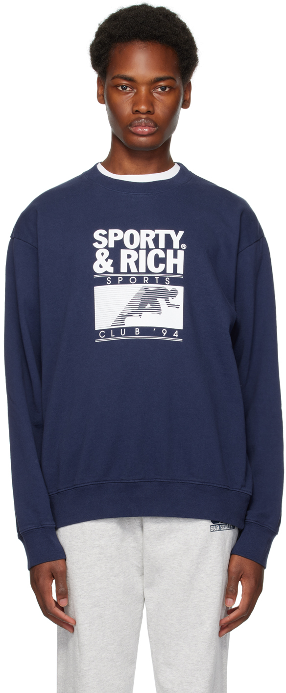 Sporty And Rich Motion Club Logo-print Sweatshirt In Navy/white