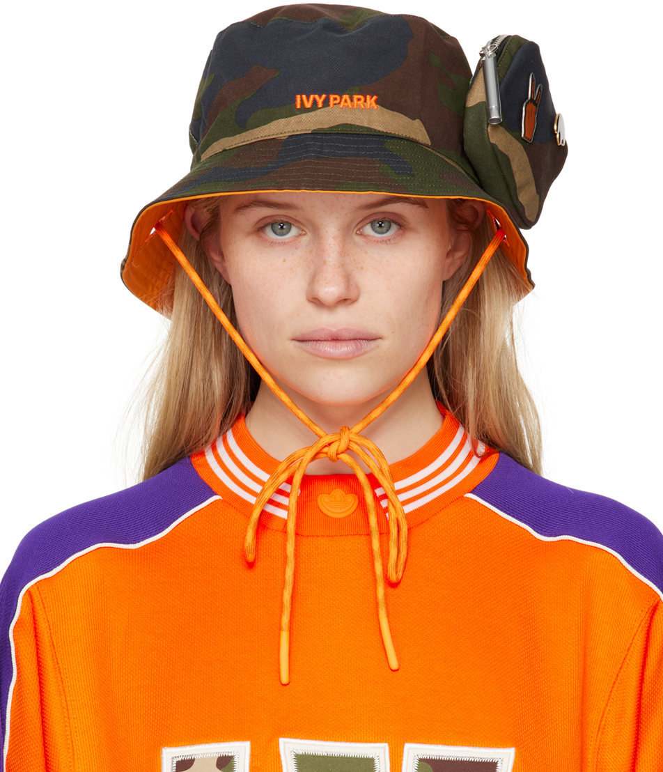 Adidas X Ivy Park Reversible Twill Bucket Hat In Camo / Focus Orange