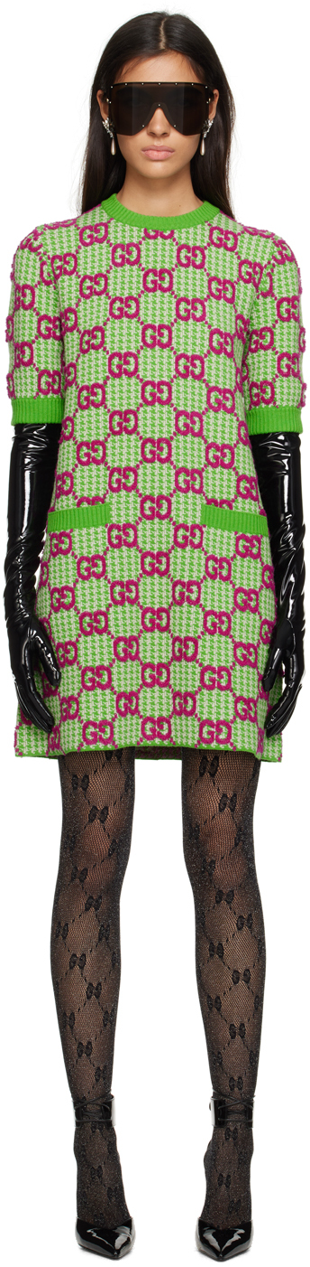 Gucci Wool Crewneck Mini Dress In Green/ivory/pink