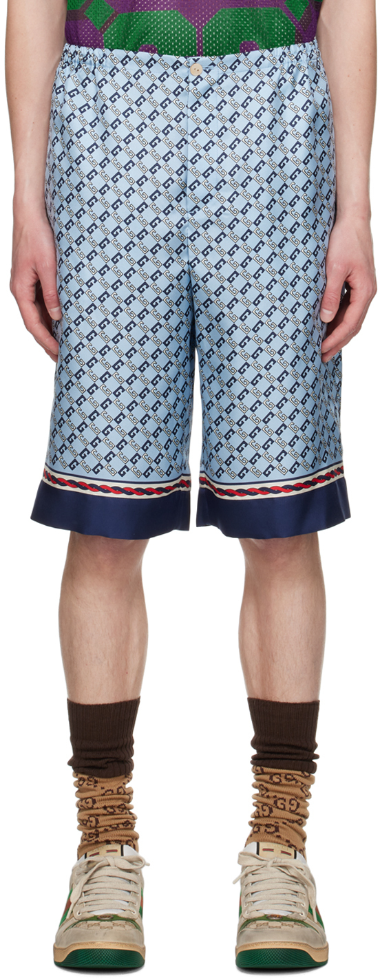 Gucci Geometric Square G Print Silk Shorts In Blue