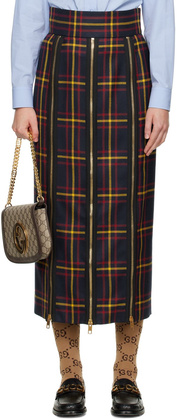Gucci Navy Tartan Maxi Skirt