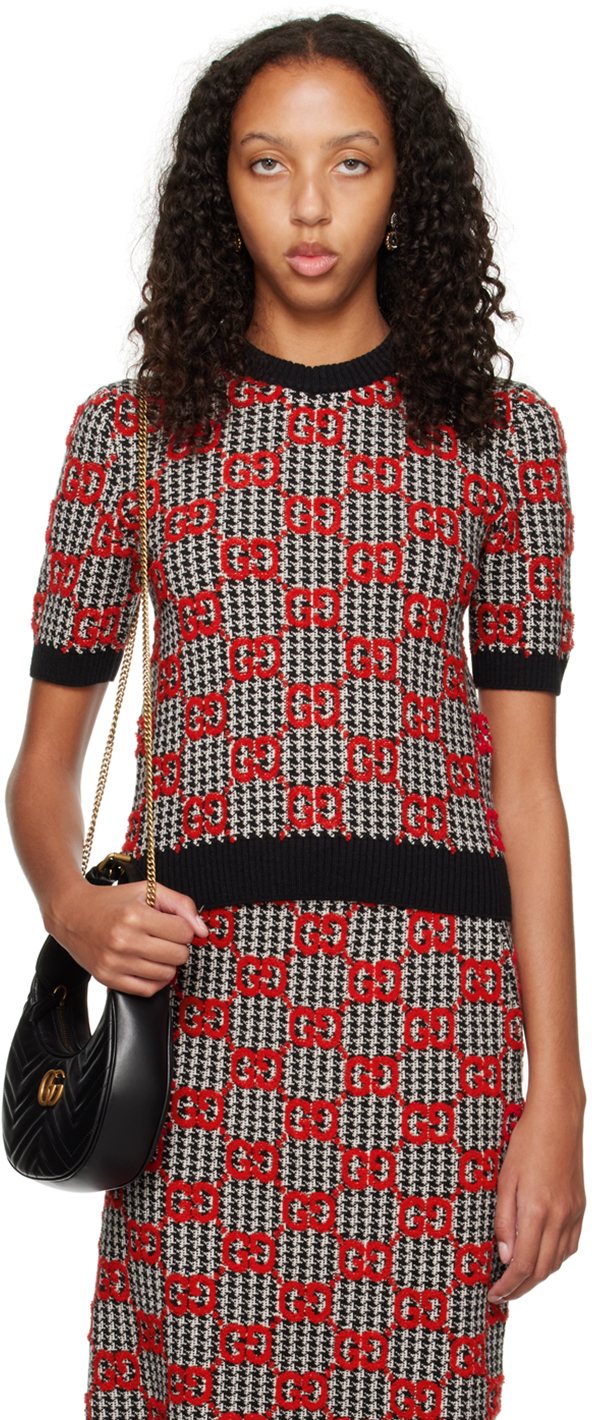 Gucci Gg-jacquard Short-sleeved Wool Sweater In Black