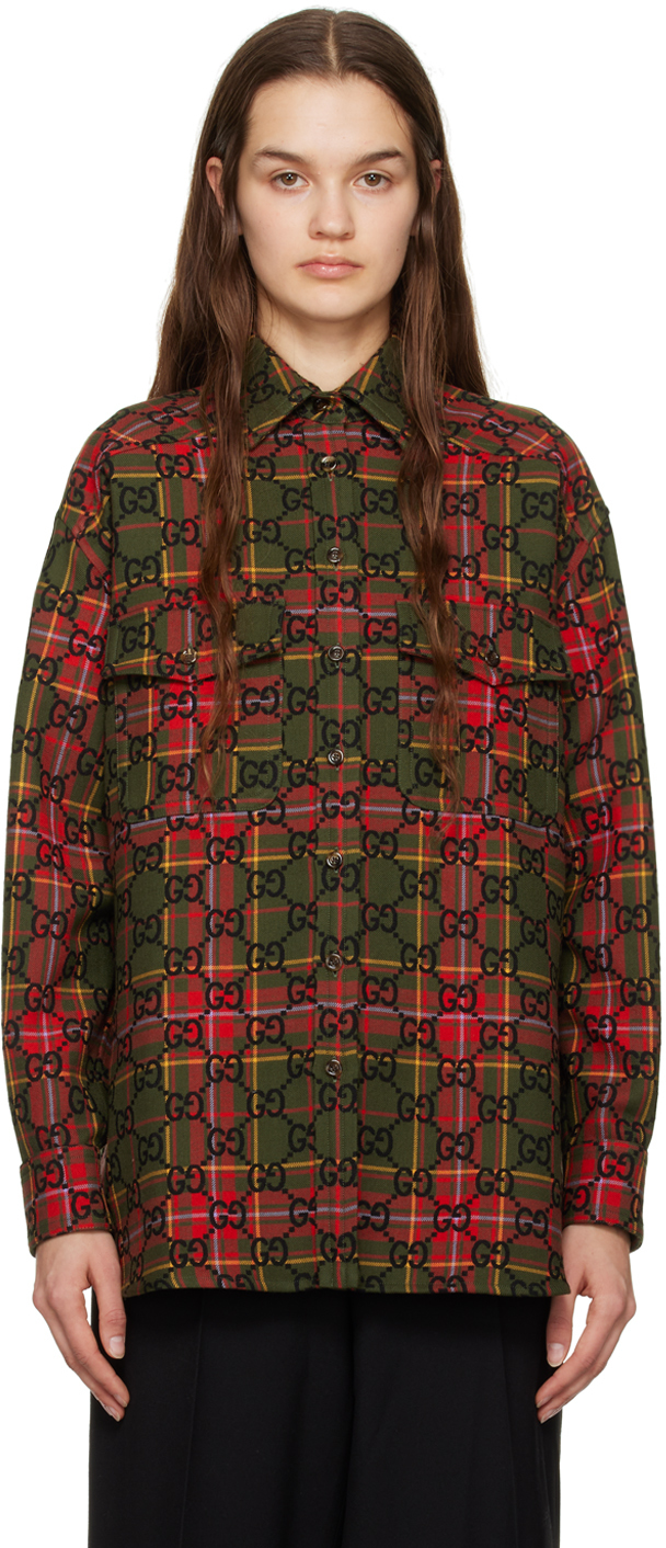 Shop Gucci Green Gg Shirt In 3010 Green/red/mc