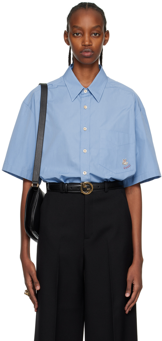 Embroidered Cotton Shirt in Blue - Gucci