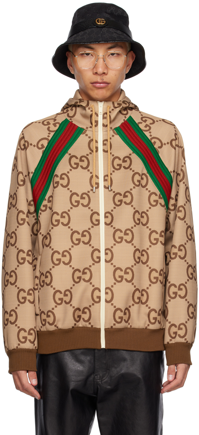 Gucci Neutral Gg Monogram Zip Hooded Jacket In Brown