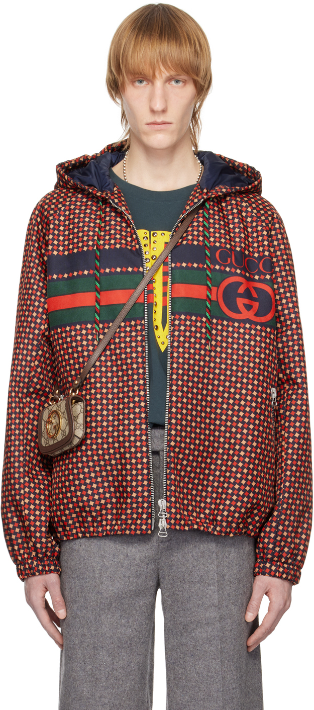 Shop Gucci Red & Navy Geometric Houndstooth Jacket In 4310 Blue/red/mc/mix