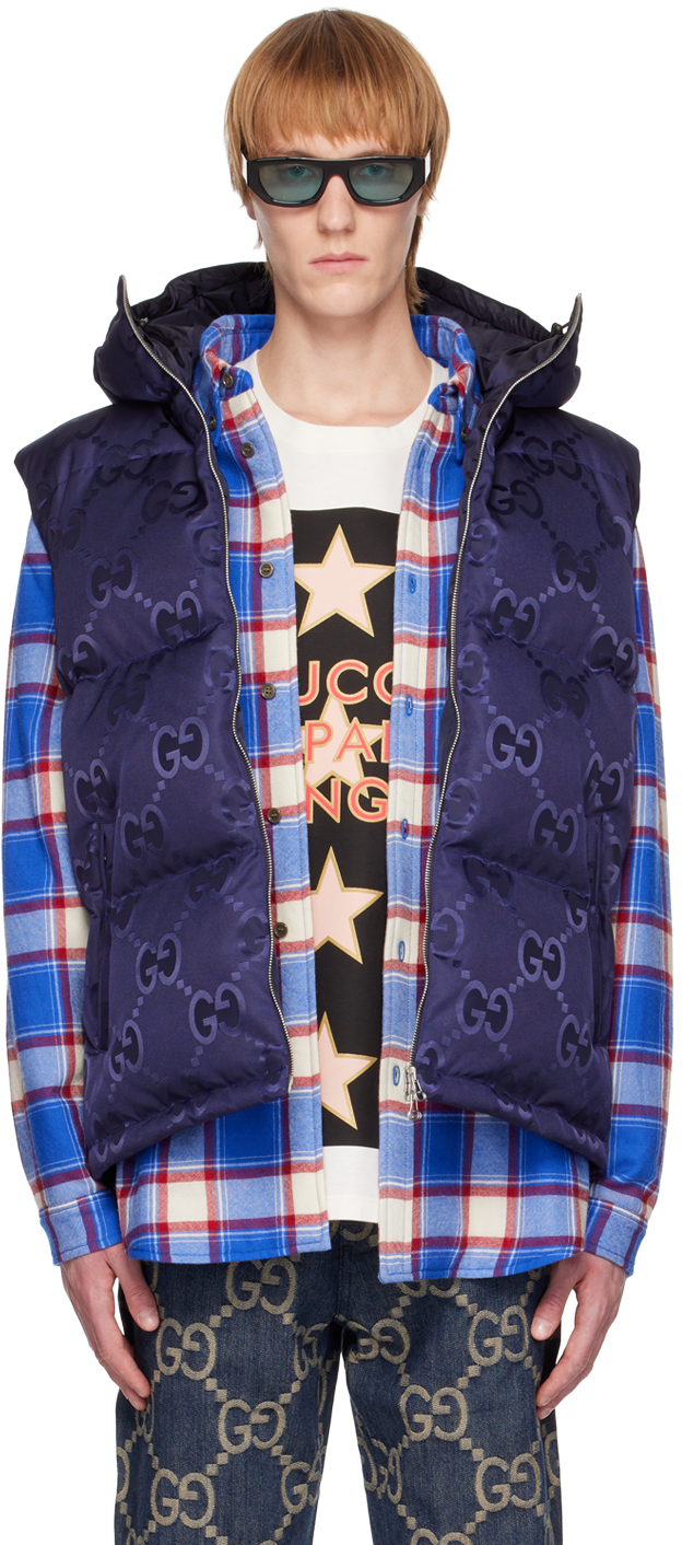 Shop Gucci Navy Jumbo Gg Vest In 4348 Tide/mix
