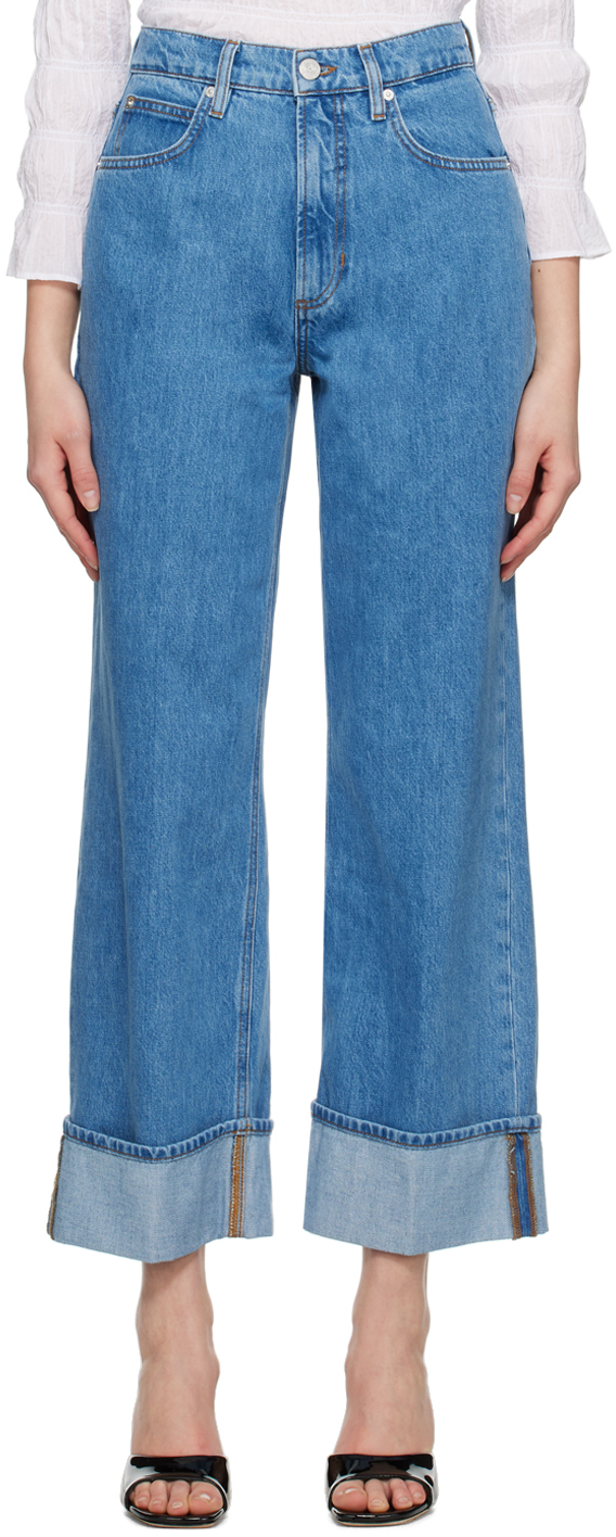 Frame High Rise Wide-leg Rolled Jeans In Blue