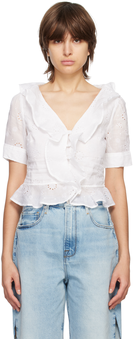 Frame White Broderie Anglaise Blouse In Blanc
