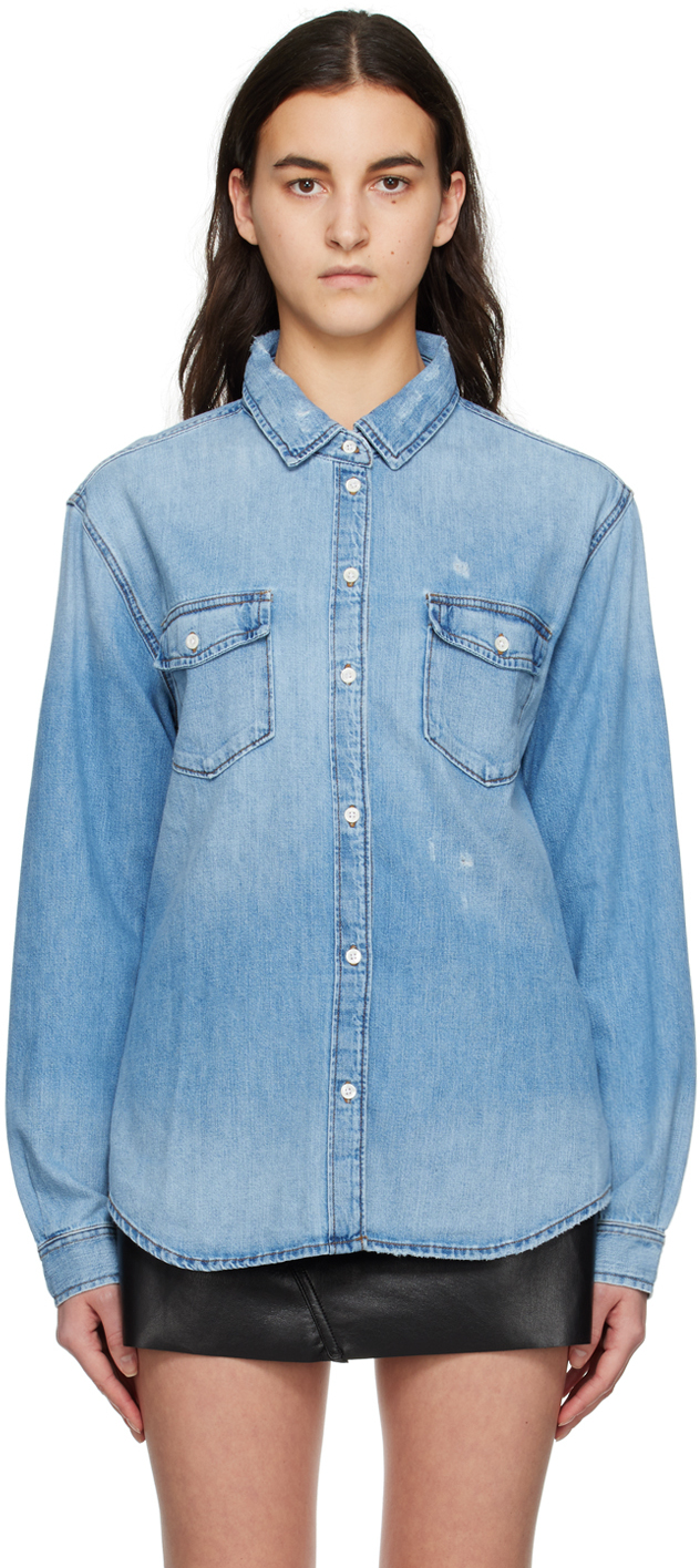 FRAME: Blue Distressed Denim Shirt | SSENSE
