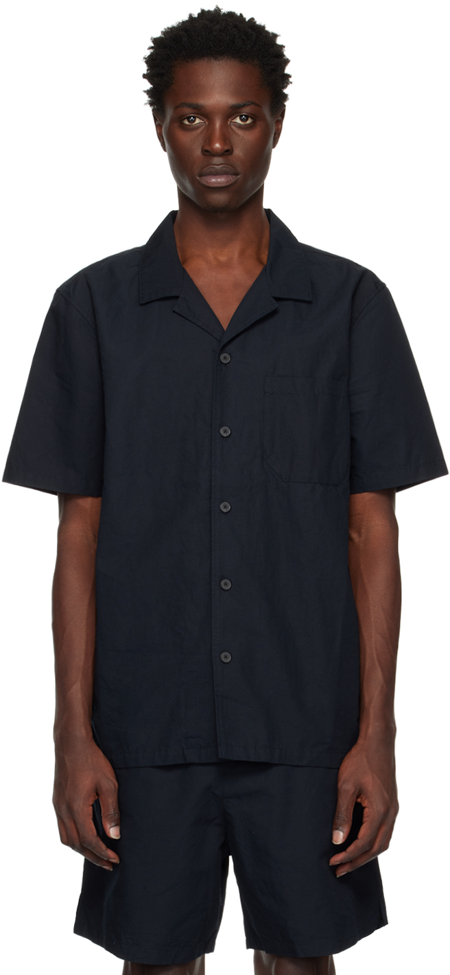 FRAME: Navy Camp Shirt | SSENSE Canada