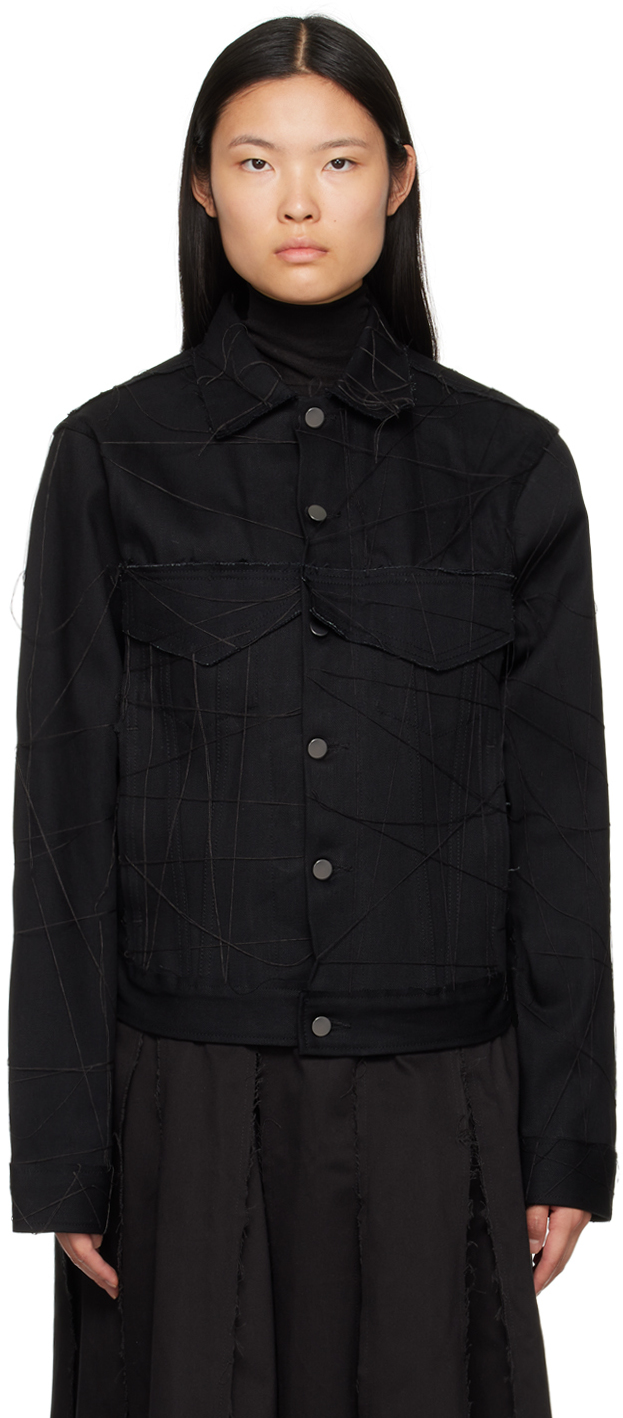 Black Stitched Denim Jacket by AIREI on Sale