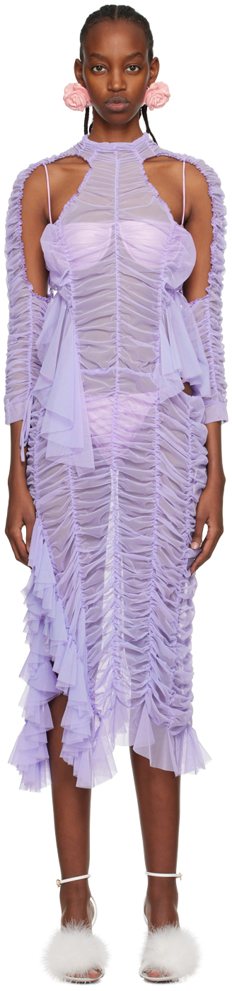 Ester Manas Purple Ruched Cutout Midi Dress
