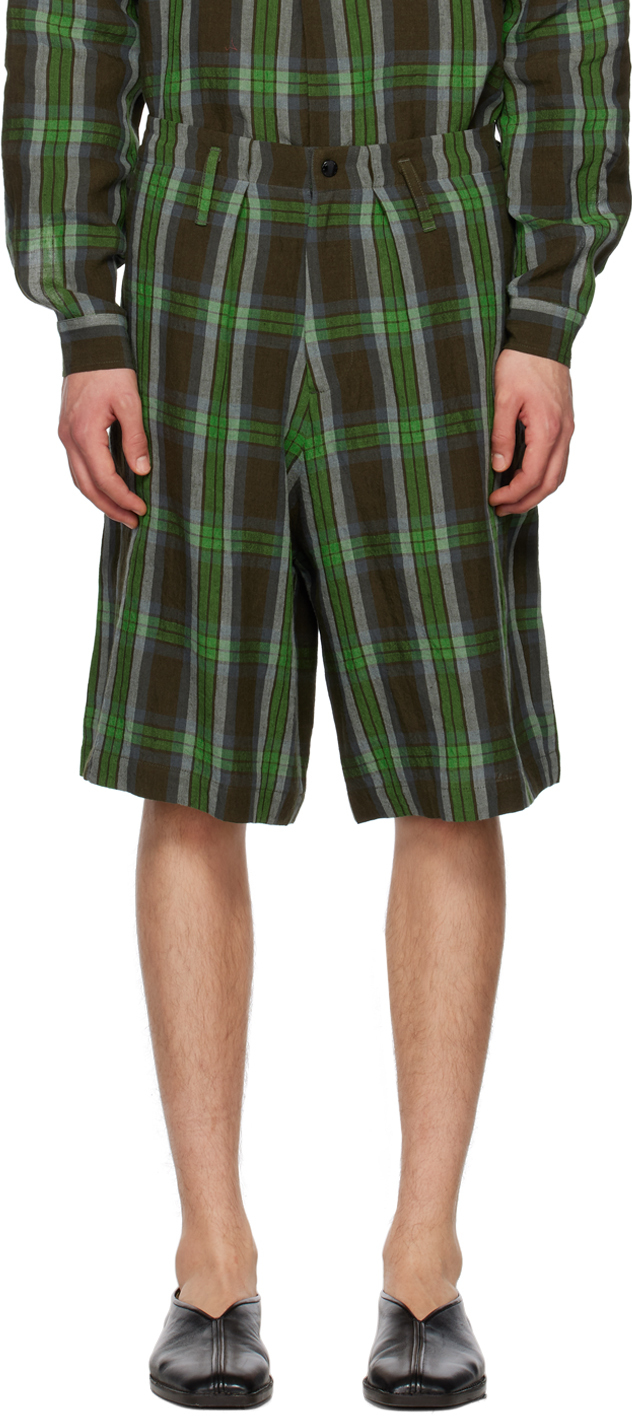 3man Deck Check-linen Shorts In Green Multi