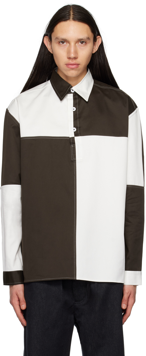 3man Colour-blocked Cotton Shirt In Brown/white