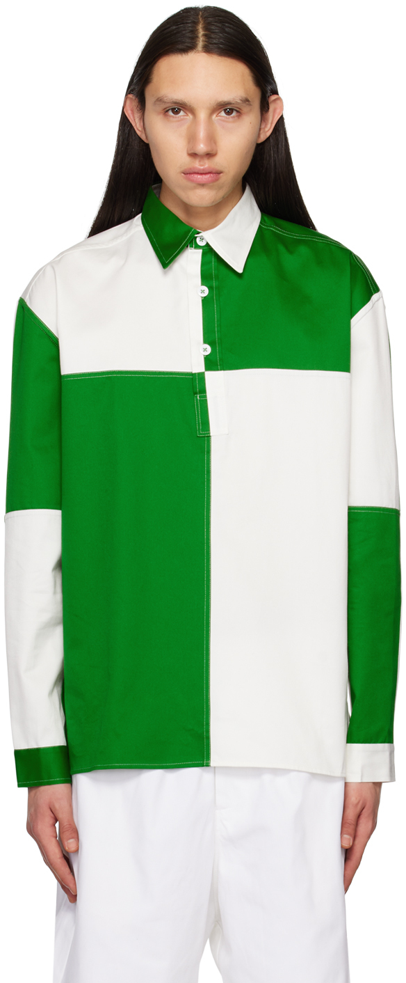 3man Colour-blocked Cotton Shirt In Green/white