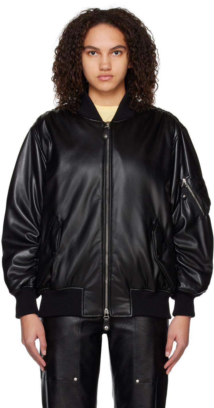 Black Alter Mat Faux-Leather Bomber Jacket