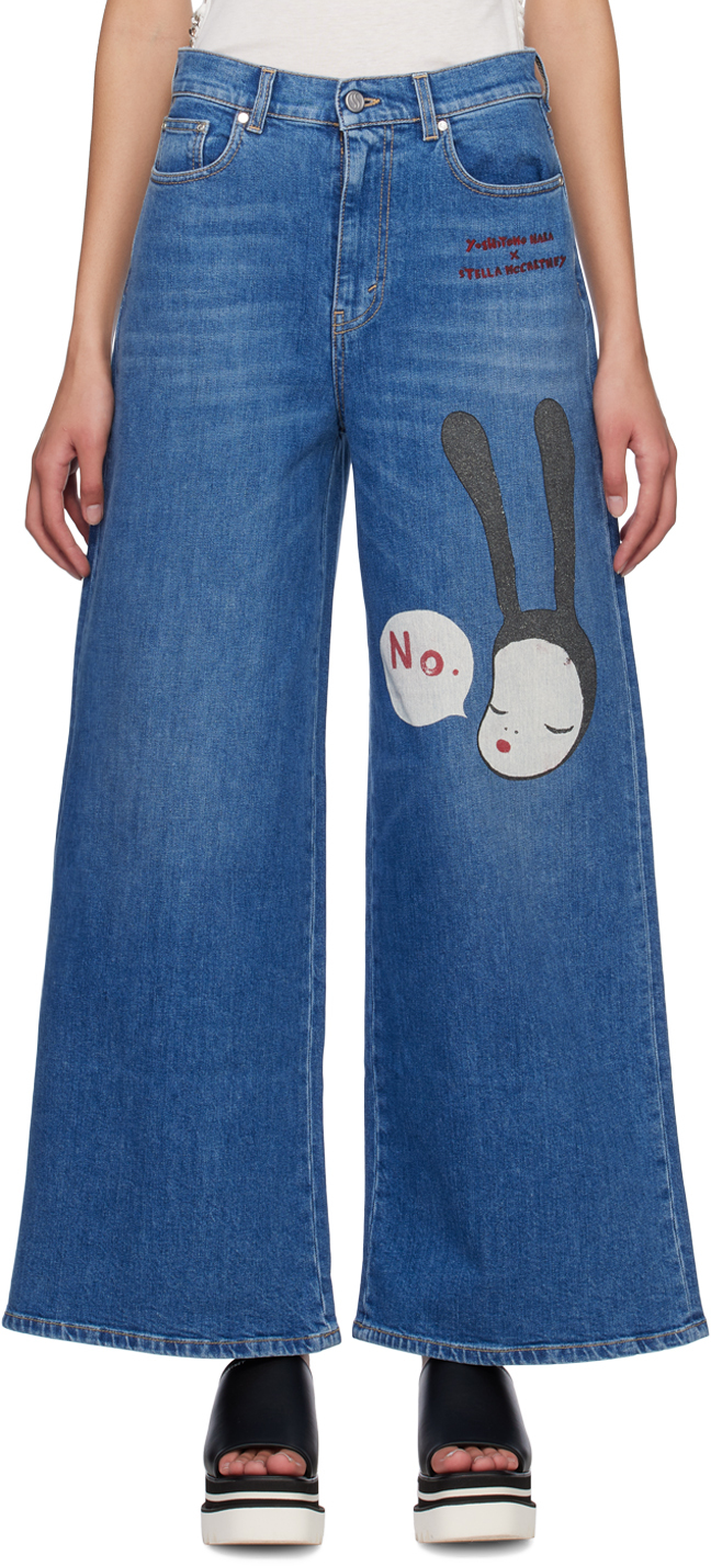 Stella Mccartney Little Black Bunny Embroidered Wide Leg Jeans In Vintage Dark