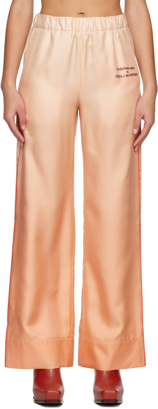 Stella Mccartney Logo Print Silk Twill Trousers In Salmon Dégradé