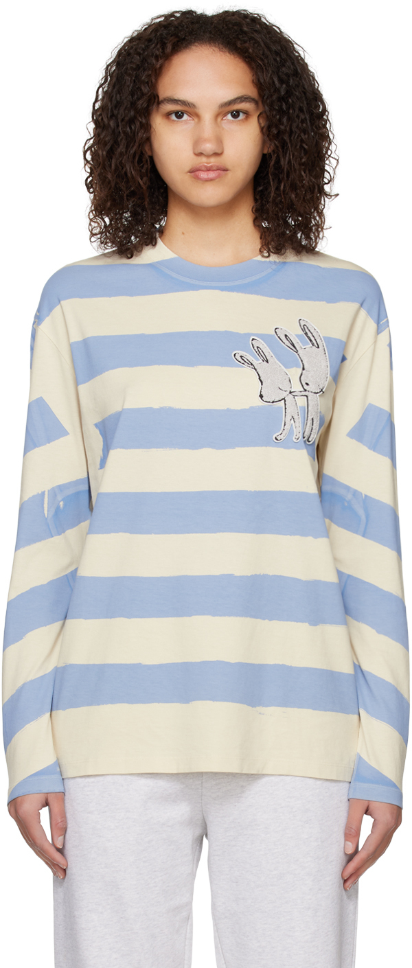Stella Mccartney Bunny Embroidery Breton T-shirt In Cream/pale Blue