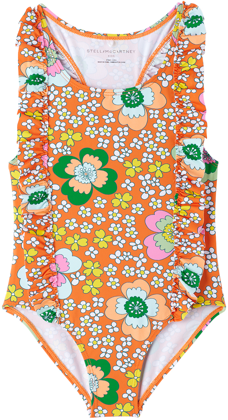 Stella Mccartney Kids Orange Floral One-piece Swimsuit In 402mc Orange Mu