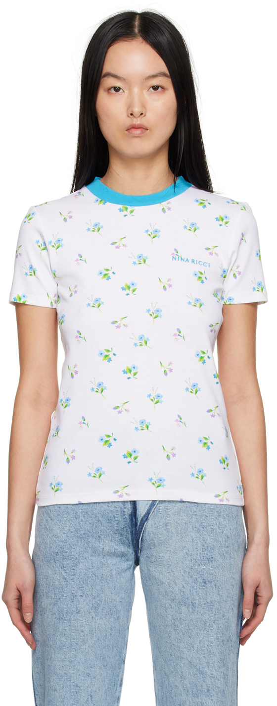 Nina Ricci White & Blue Floral T-Shirt