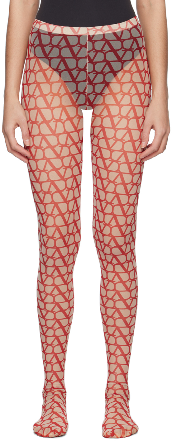 Shop Valentino Beige & Red Iconographe Tights In Ul0 Beige/rosso