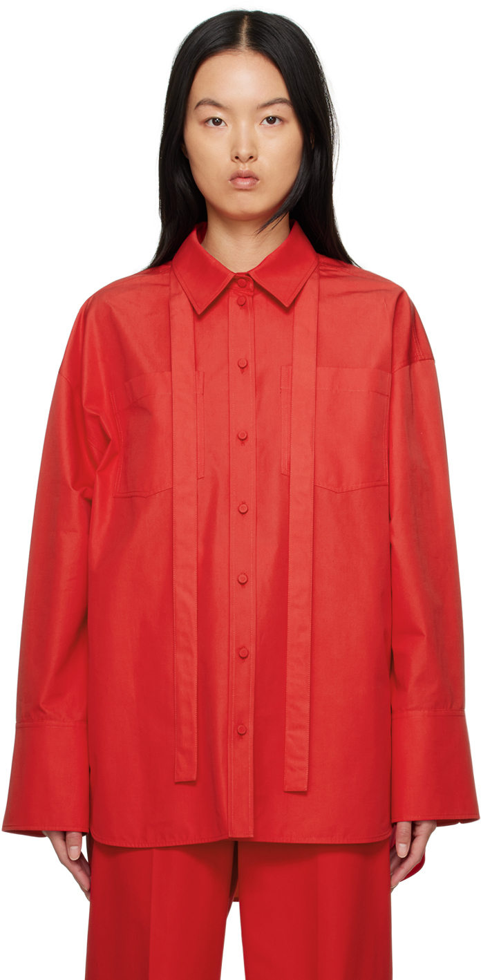 Valentino Tie-neck Cotton-poplin Shirt In Rosso