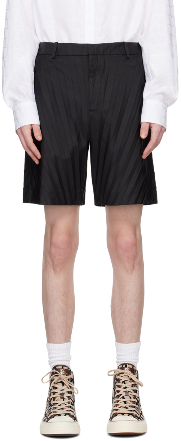 Shop Valentino Black Garment-pleated Shorts In 0no Nero