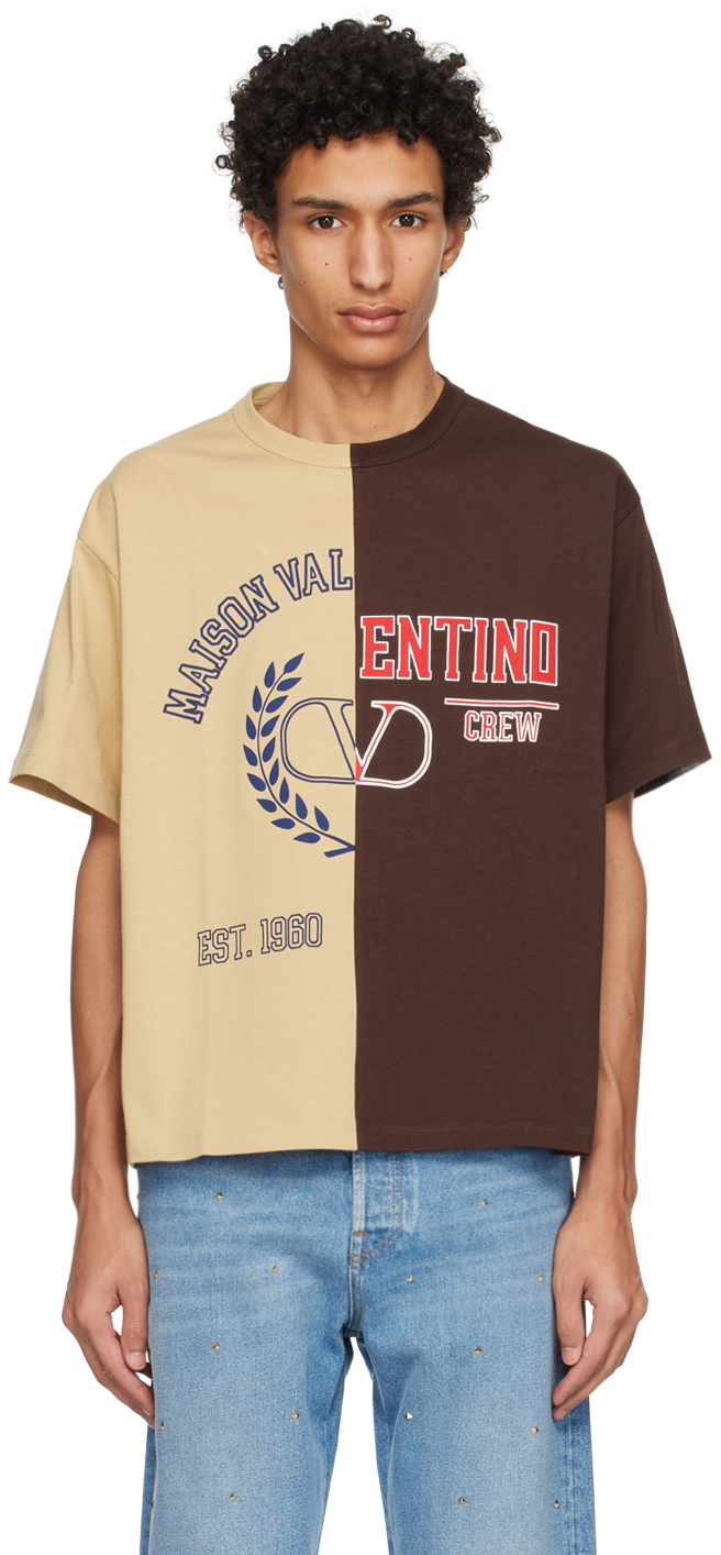Valentino Beige & Brown Paneled T-shirt In O64 Beige/marrone