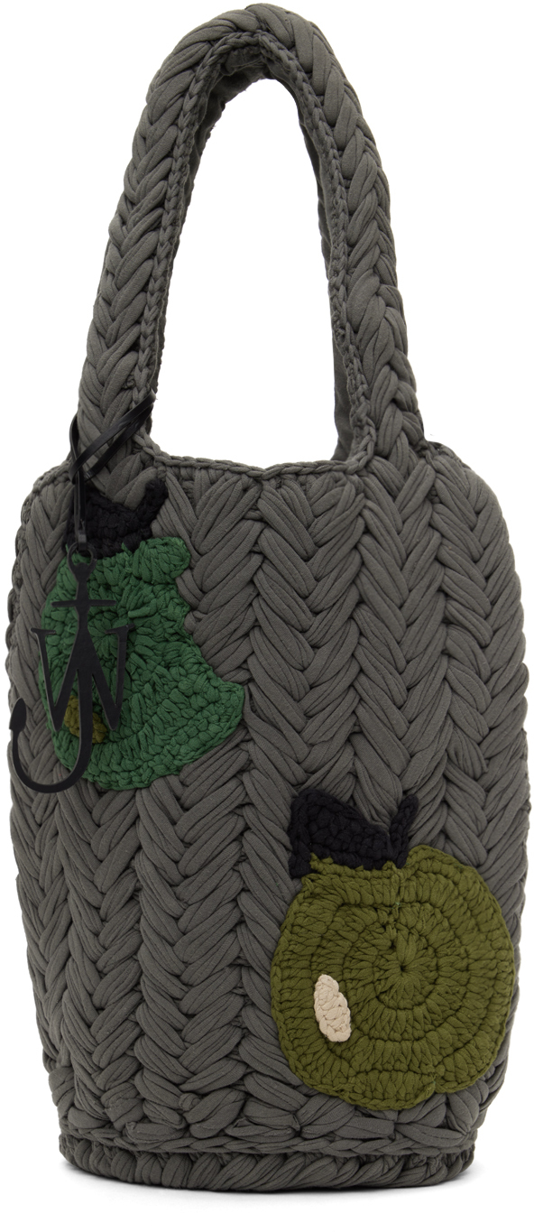 Jw Anderson Ssense Exclusive Gray Apple Knitted Tote In Grey/green Apples