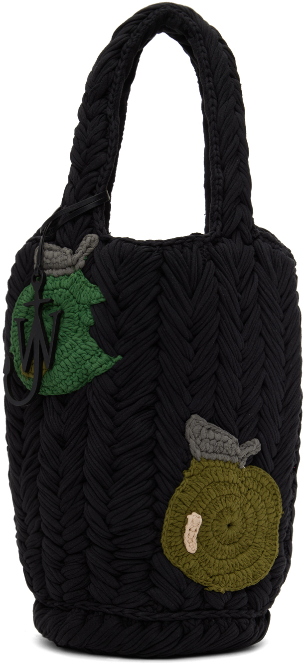 Jw Anderson Ssense Exclusive Black Apple Knitted Tote In Black/green Apples