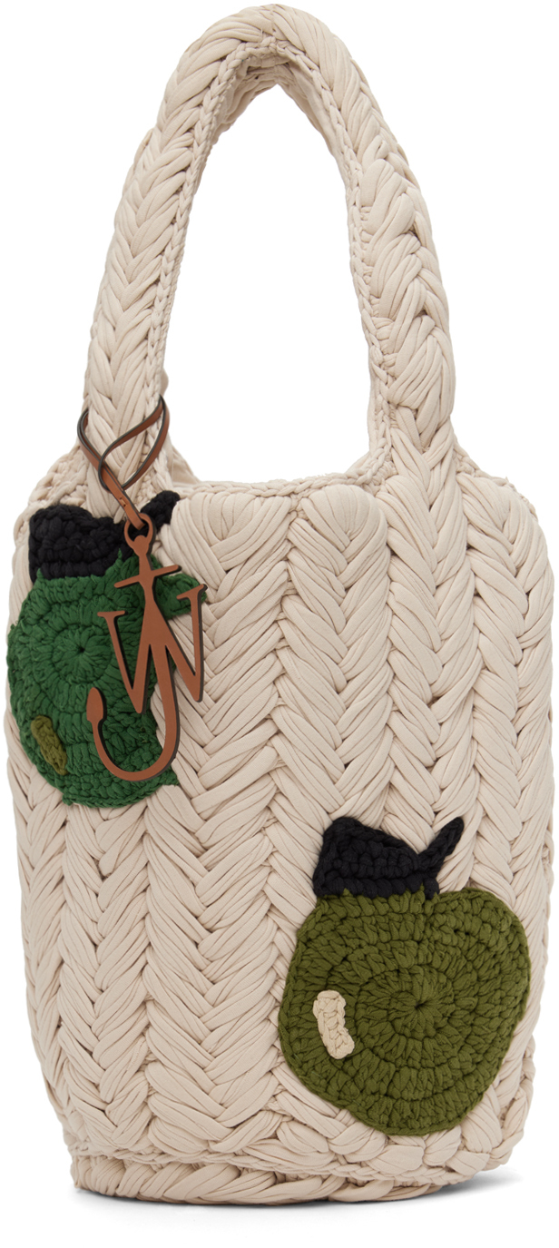 Jw Anderson Ssense Exclusive Beige Apple Knitted Tote In Natural/green Apples