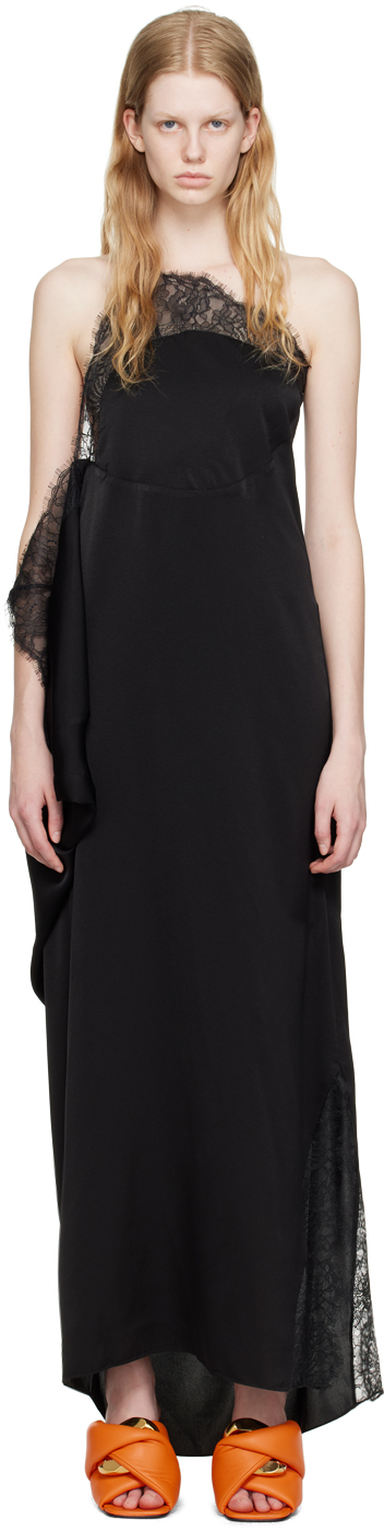 Jw Anderson One Shoulder Asymmetric Lace Slip Dress In Black